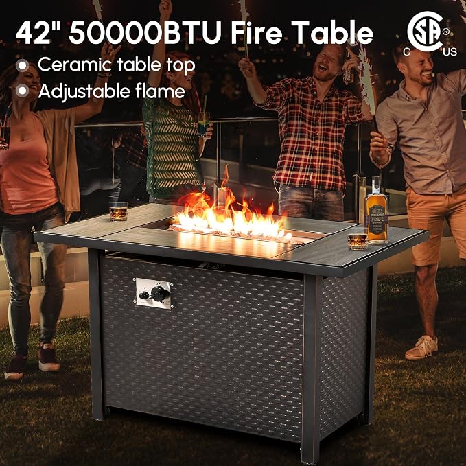 7 Pcs Outdoor Sectional Patio Furniture Set with Fire Pit Table - All Weather Wicker Modular L Shaped Outside Sectional Couch,Patio Seating Outdoor Conversation Sets for Deck Yard Garden,Navy Blue