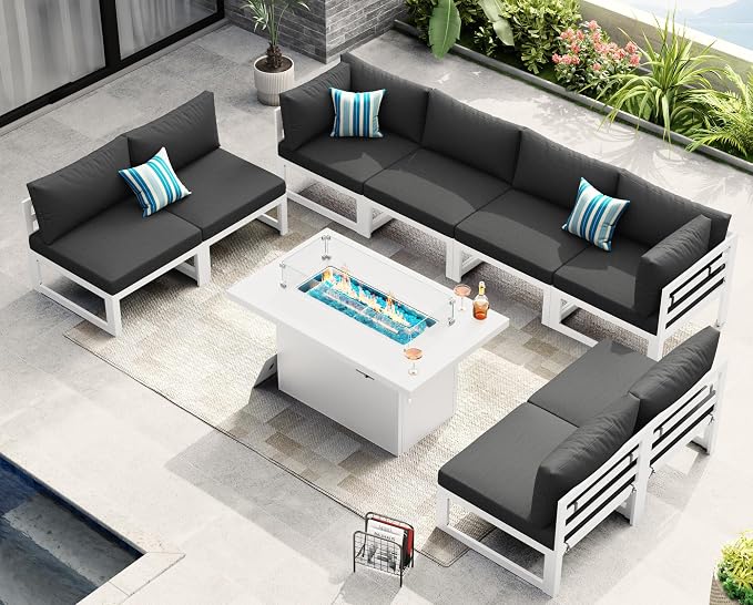 NICESOUL 9 Piece Modern Aluminum Patio Furniture Set with Fire Pit Table, 500 lbs Heavy Duty Outdoor Sectional Sofa, 29" Deep Wide Oversized Seating Conversation Couch for Garden Exterior, Dark Gray