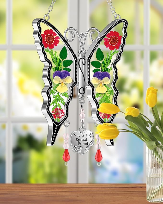 KY&BOSAM Butterfly Suncatcher You`re a Special Friend Gift Glass Suncatchers for Window Hanging Wind Chime Ornament with Pressed Real Flower and Heart Charm Birthday Gift for Mother`s Day Valentine`s