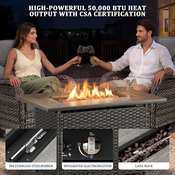 Luxury Swivel Rocker Chairs Fire Pit Table Set with 6" Thick Cushion 5 piece Wicker Outdoor Patio Chair with Sofa,Comfortable High Back Outdoor Patio Furniture Set - Gery | Gery