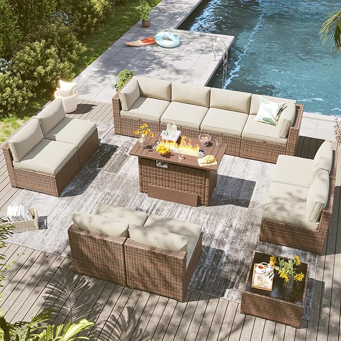 LazySunsets 12 Piece Outdoor Patio Furniture Set with 44'' Fire Pit Table, Outdoor Patio Furniture Sets with 4'' Thicken Cushion, Wicker Rattan Outdoor Conversation Set for Backyard & Garden, Beige