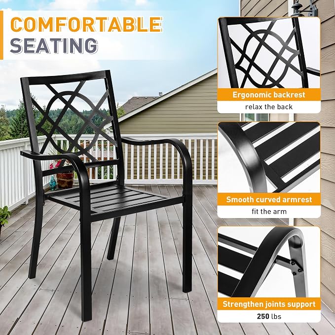 SUNCROWN 8-Piece Outdoor Wrought Iron Chairs and Table Patio Dining Furniture Set - 6 Stackable Metal Chairs, 1 Steel Slat Bistro Table and 1 Sky Blue 9Ft Patio Umbrella for Garden Backyard Deck