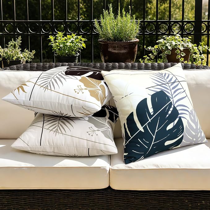 OTOSTAR Outdoor Waterproof Throw Pillow Covers 20x20 Inch Set of 2 Double-Sided Black Grey Tropical Leaf and Flower Spring Summer Decorative Pillow Cases for Patio Funiture Garden Balcony Couch