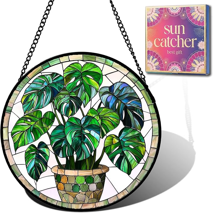 Birthday Gifts for Women - Green Monstera Plant Faux Stained Glass Window Hanging Sun Catcher for Door Garden Acrylic Decor Mother's Day Christmas for Mom Nana Grandma Sisters Wife 6.3"