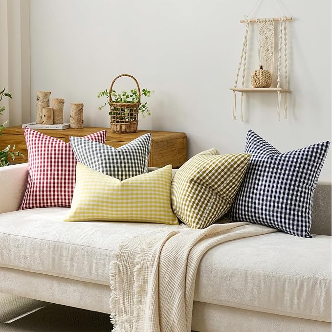Summer Outdoor Throw Pillow Covers 18x18 Set of 2, Maroon Red Plaid Waterproof Pillow Cases Modern Gingham Farmhouse Decorative Cushion Covers for Couch Balcony Patio