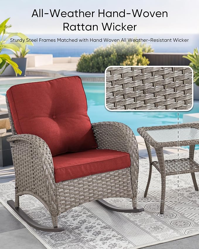 HUMMUH Outdoor Bistro Set-High Back Outdoor Rocking Chair with Side Table Patio Table and Chairs Set for Deck Lawn Porch Balcony Poolside-Grey/Red