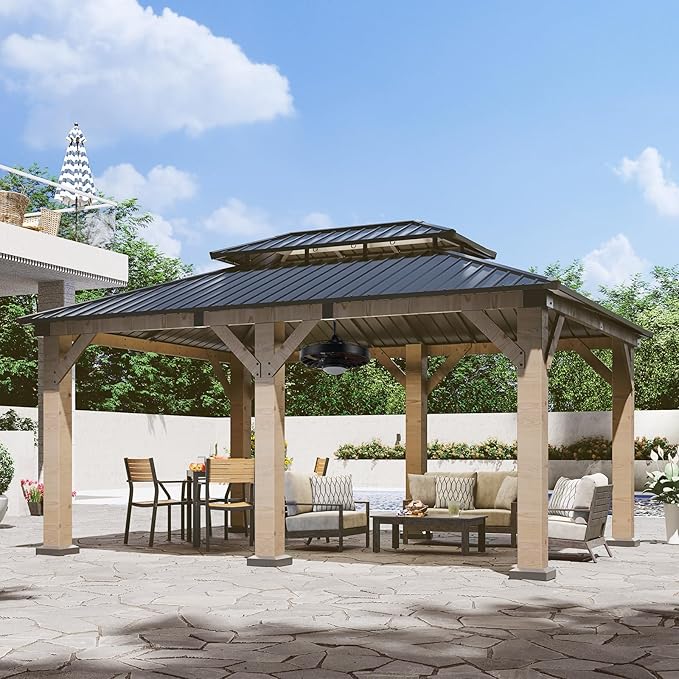 Aoxun 12' x 20' Outdoor Wood Gazebo, Hardtop Gazebo with Galvanized Steel Roof, Permanent Wooden Pavilion with Ceiling Fan, for Backyard, Cedar Wood, Grey