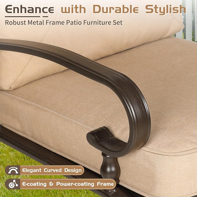 Oakcloud 5-Piece Outdoor Metal Furniture Sets Patio Conversation Set Wrought Iron Glider, 2 Single Chairs, Loveseat and Coffee Table, Brown