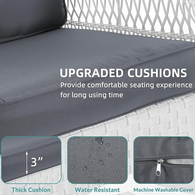 MEETWARM Outdoor Wicker Patio Glider Set, Loveseat for 2 Person Porch Furniture Glider with Glass-Top Coffee Table, Patio Glider Rocking Bench with Thickened Cushions, White Wicker/Grey