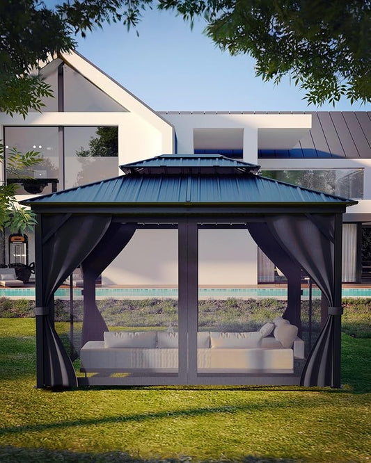 12'X14' Hardtop Gazebo with Double Steel Roof & Reinforced Aluminum Frame, Curtains & Mosquito Netting, Outdoor Permanent Pavilion for Patio, Backyard, Deck, Lawn, Garden, Gray