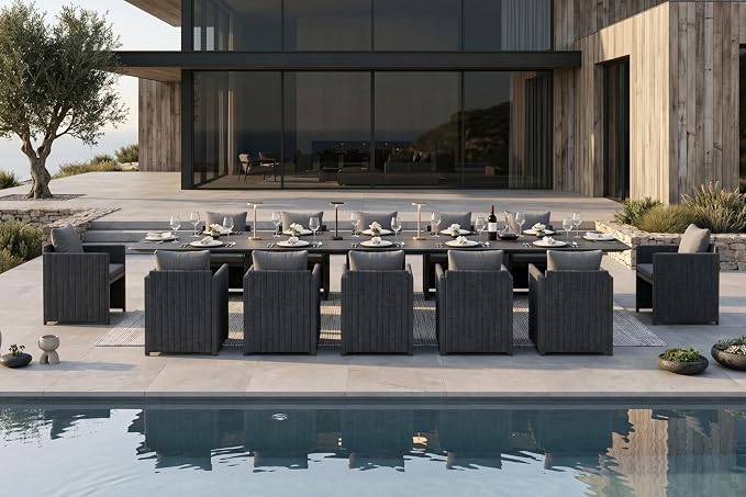 PURPLE LEAF Luxury 12-Person Outdoor Dining Set 157-Inch Aluminum Patio Table with Handwoven Olefin Rope Chairs, Cushioned Seating for Large Gatherings, Estate Patio and Poolside Entertaining Grey