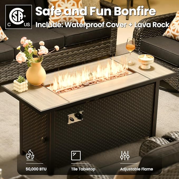 ovios 10 Pieces Patio Furniture Set, Outdoor Wicker Sofa Couch with Swivel Glider Chairs Solar Light Table Fire Pit, Modern Deep Seat Rattan Conversation Sets, Black