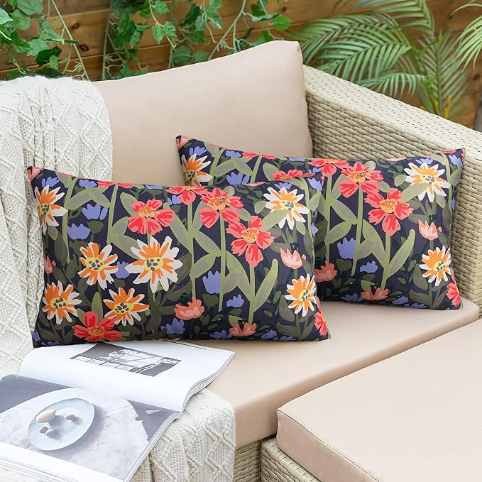 Pyonic Floral Outdoor Lumbar Pillows Covers 12x20 inch Waterproof Spring Summer Decor Outdoor Pillows for Patio Furnture Garden Bench Porch,Black