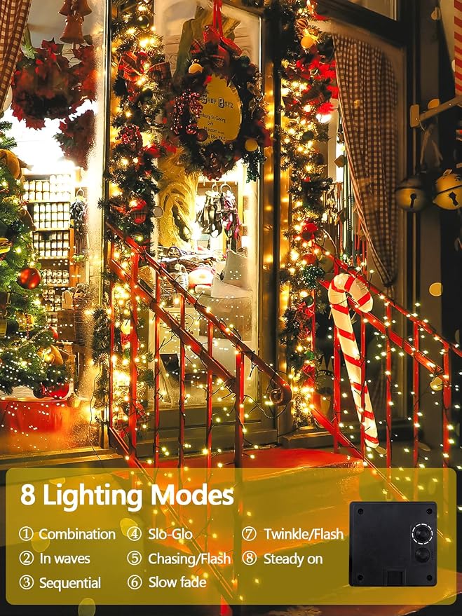 Solar String Lights Outdoor 6 Pack 600 LED Solar Christmas Light Warm White | 8 Lighting Modes, Memory Function, Auto On/Off, 198FT Waterproof Twinkle Lights for Outside Garden Yard Party Xmas Tree Decor