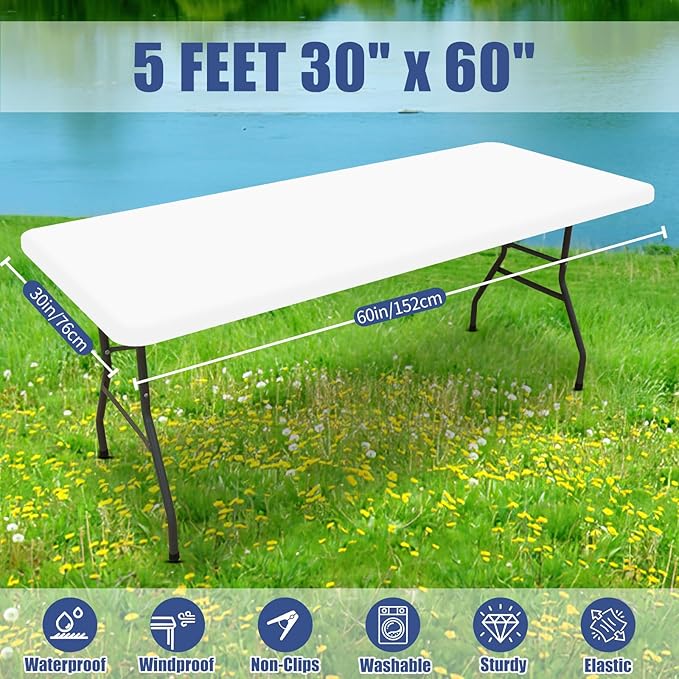 Moosfor Spandex 5 Foot Rectangle Table Cloth 2 Pack, Elastic Fitted Tablecloths for Picnic, Stretch Washable Patio Table Cover for Outdoor, Camping, Banquet and Parties (White, 30"x60")