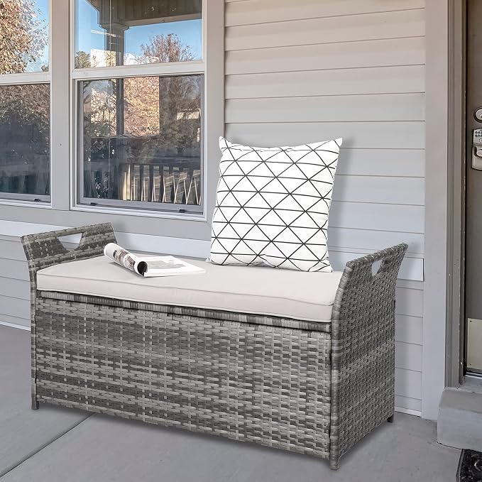 33 Gallon Outdoor Wicker Storage Bench Deck Box,Large PE Rattan Deck Storage Box,Outdoor Indoor Waterproof Storage Box,Patio Wicker Storage Bench,with Cushion,for Garden Balcony Porch Yard (Gray)