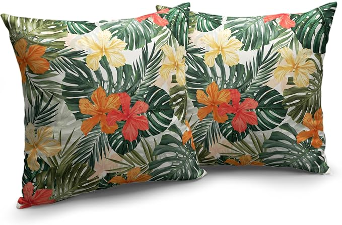 Hawaiian Hibiscus Flower Pillow Covers for Home Decor Living Room Patio Summer Tropical Throw Pillow Covers 24x24 Monstera Palm Leaves Pillow Case Set of 2