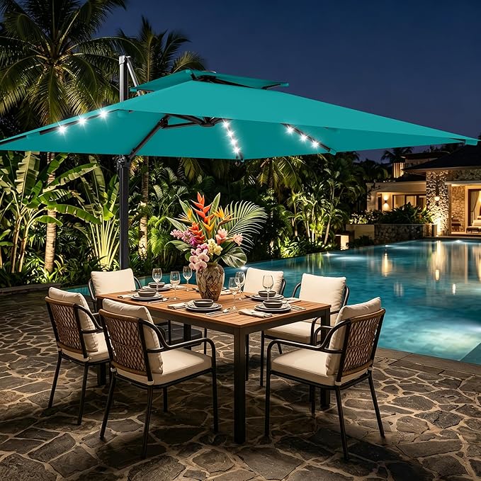 AreShark 10×10FT Solar LED Cantilever Umbrella with Base Included, Double-Top Outdoor Patio Offset with 360 Degree Rotation, Square Offset Hanging Umbrella for Garden Deck Pool, Turquoise Blue