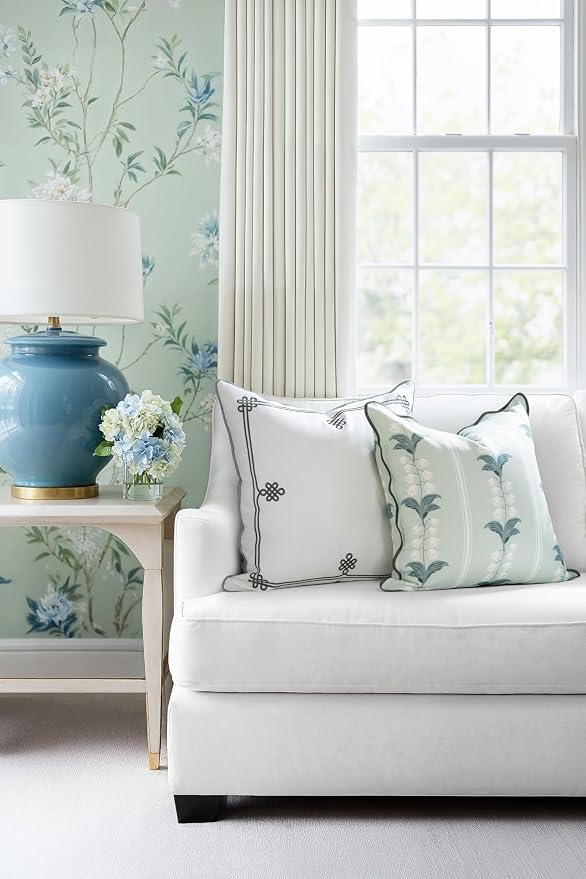 Hofdeco Premium Coastal Hampton Patio Indoor Outdoor Throw Pillow Cover Only, 22"x22" Water Repellent for Backyard, Couch, Poolside, Celadon Green Embroidered Chinoise Lucky Knots