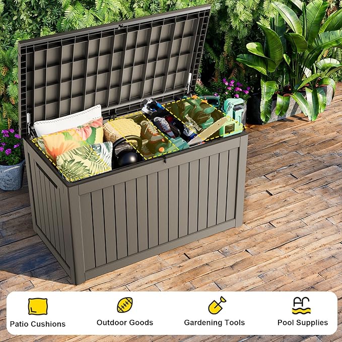 320 Gallon Waterproof Outdoor Storage Box, UV Resistant Resin Deck Box with Hydraulic Rod for Stable Support, Ideal for Patio, Garden and Pool, Grey