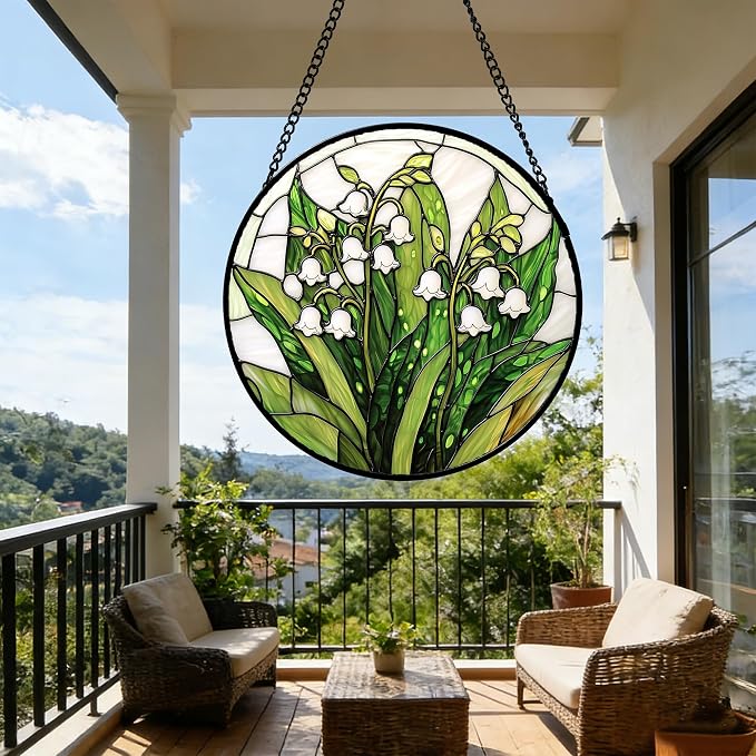 DASTOLL Stained Glass Window Hanging, Lily of the Valley Flower Sun Catchers Colorful Glass Panel Green Plants Suncatcher Decor for Birthday for Women,Men,Wife, Lovers, and Mom 6.3 in