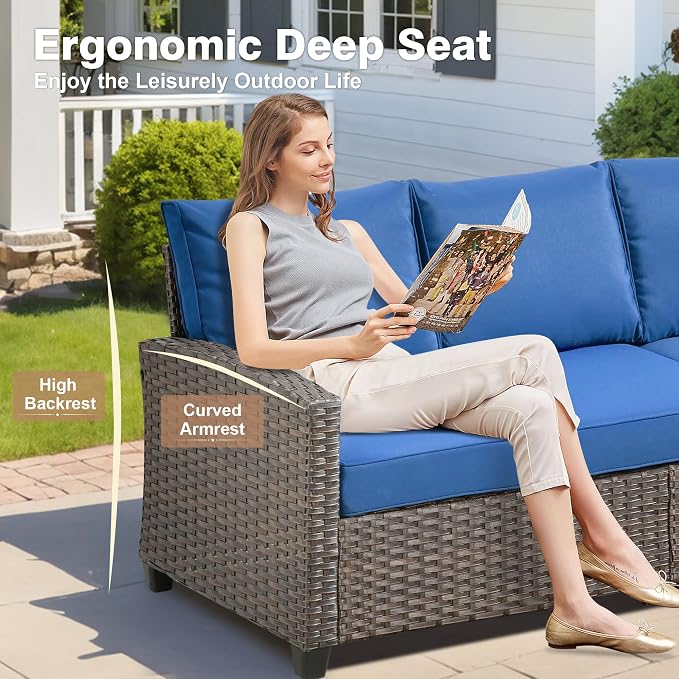 ovios 5 Pieces Patio Furniture Set, Outdoor Wicker Sofa Couch with Chairs Comfy Cushions, All Weather Brown Rattan Conversation Set for Backyard Deck Porch, Navy Blue