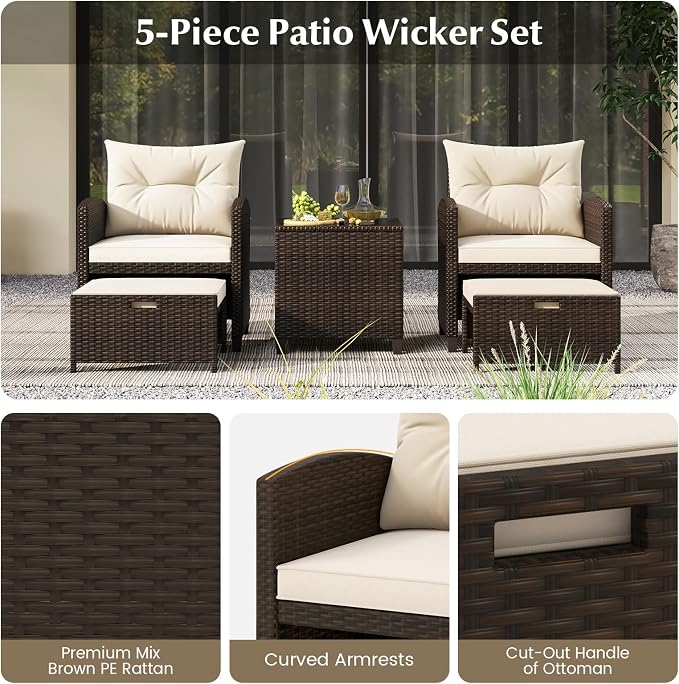 COSTWAY 5-Piece Rattan Conversation Set, Outdoor Wicker Sofa, Tempered Glass Coffee Table & Ottomans for Small Space, Boho Chic Indoor/Outdoor Furniture Set for Poolside, Backyard, Deck (White)