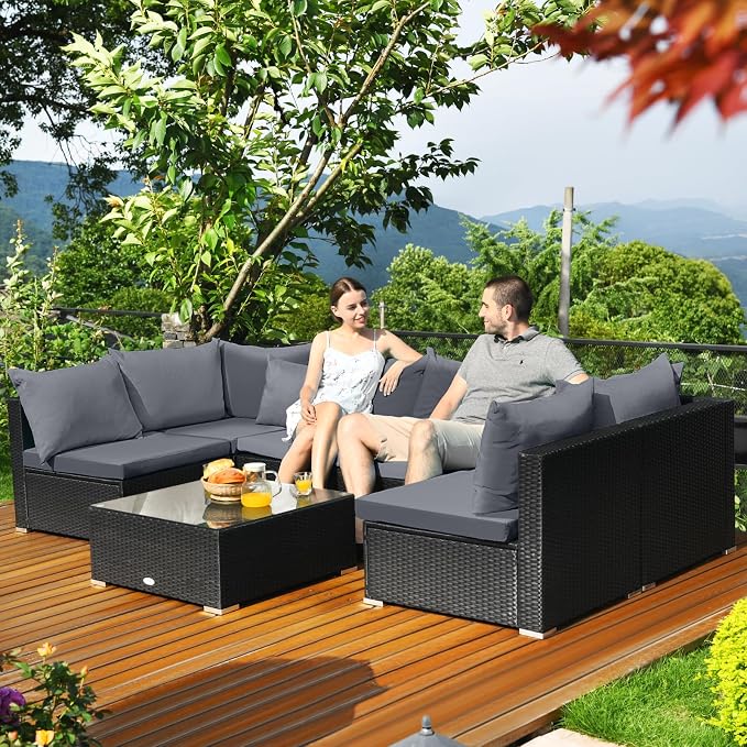 Tangkula 7-Piece Patio Furniture Set, Outdoor Sectional Sofa with Pillows and Cushions, Wicker Conversation Set with Coffee Table and Tea Table for Garden, Lawn (Grey)
