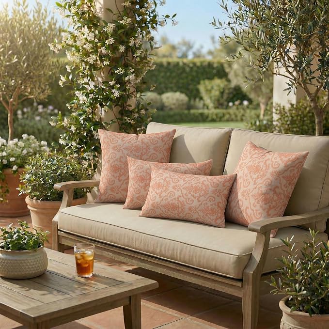RSH DECOR: Sunbrella Lumbar & Square Pillows Set of 4 | 20" x 12" & 20" x 20" | Water and Fade-Resistant Performance Fabric | Outdoor Throw Pillows for Patio Furniture | Made in USA (Rialto Papaya)