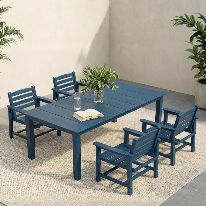 5-Piece Outdoor Dining Set with Aluminum Frame for 4,Navy Blue | HDPE material, 2" umbrella hole, patio table and chairs, ideal for yard, lawn, garden, balcony, deck, poolside