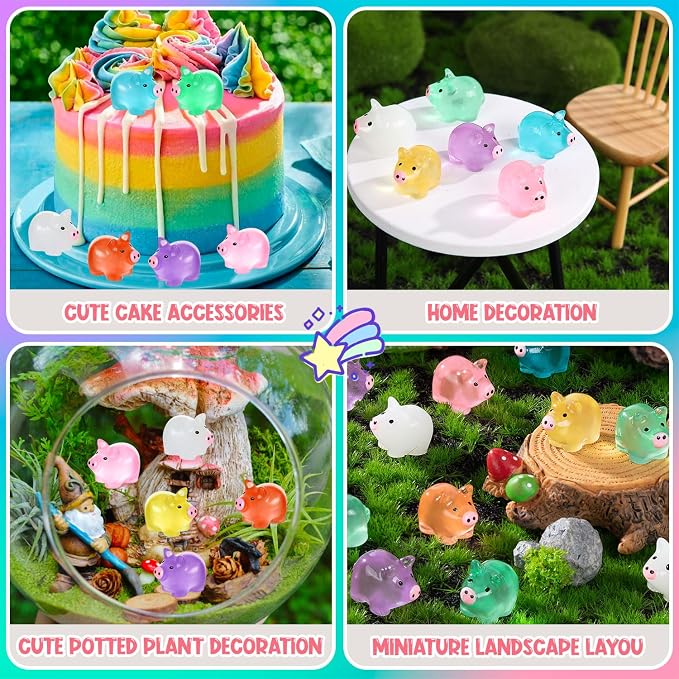 56PCS Luminous Mini Resin Pigs Figures Cute Tiny Pig for Garden Landscape | Mini Pigs Figures Glow in The Dark, Tiny Pig Miniature Charms Ornament for Garden Landscape, Dollhouses Birthday Decor