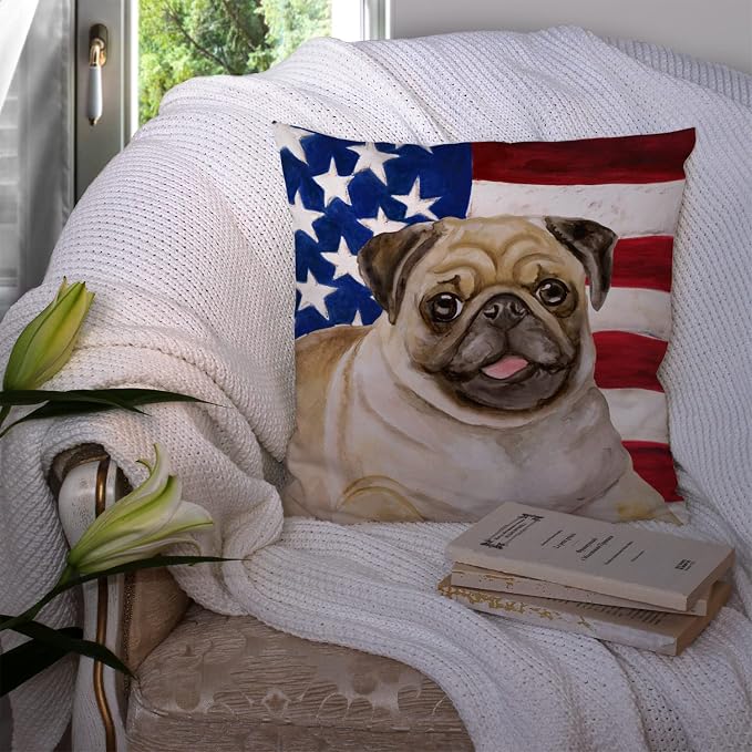 Caroline's Treasures BB9718PW1414 Fawn Pug Patriotic Fabric Decorative Pillow Machine Washable, Indoor Outdoor Decorative Pillow for Couch, Bed or Patio, 14Hx14W