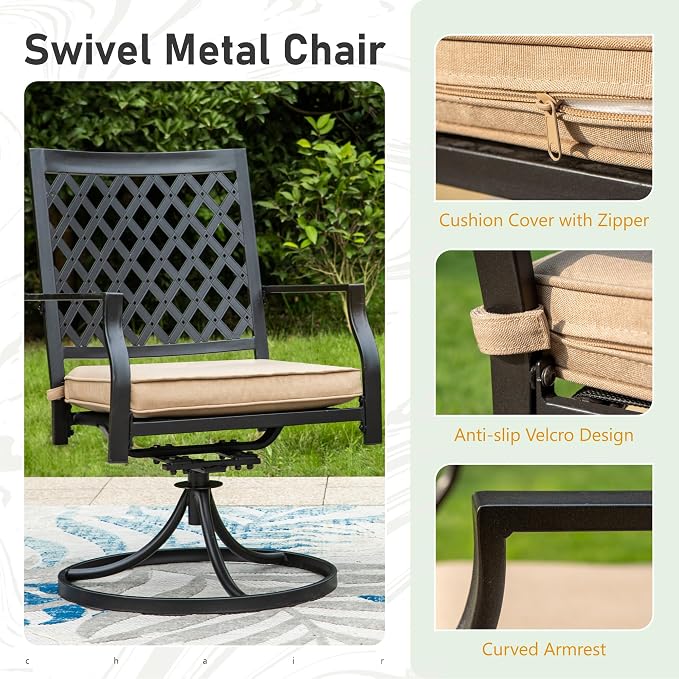 PHI VILLA Patio Furniture Set 5 Pieces Patio Dining Set Outdoor Table and Chairs 4 x Swivel Dining Chairs with 37" Metal Umbrella Table for Outdoor Lawn Garden Backyard