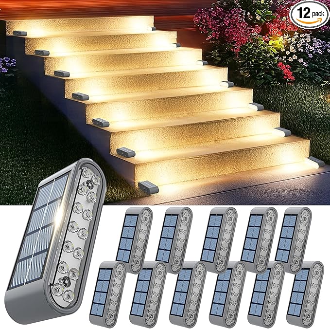 Solar Stair Lights 12 Pack, Solar Step Lights Outdoor Waterproof IP67, LED Solar Powered Lighting for Steps, Stairs, Deck, Dock, Patio, Walkway, Front Porch Decor