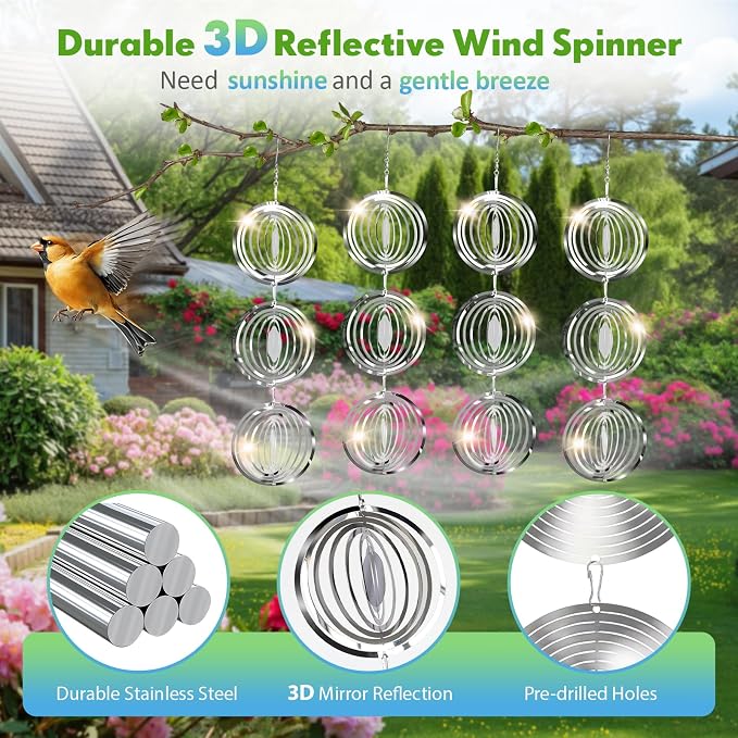 Bird Deterrents for Outside, 12 Discs Stainless Steel 3D Wind Spinners Garden Decor, 4 Sets Reflective Bird Scare Devices to Keep Woodpeckers, Pigeons Away from Patio, Balcony, Porch, Deck