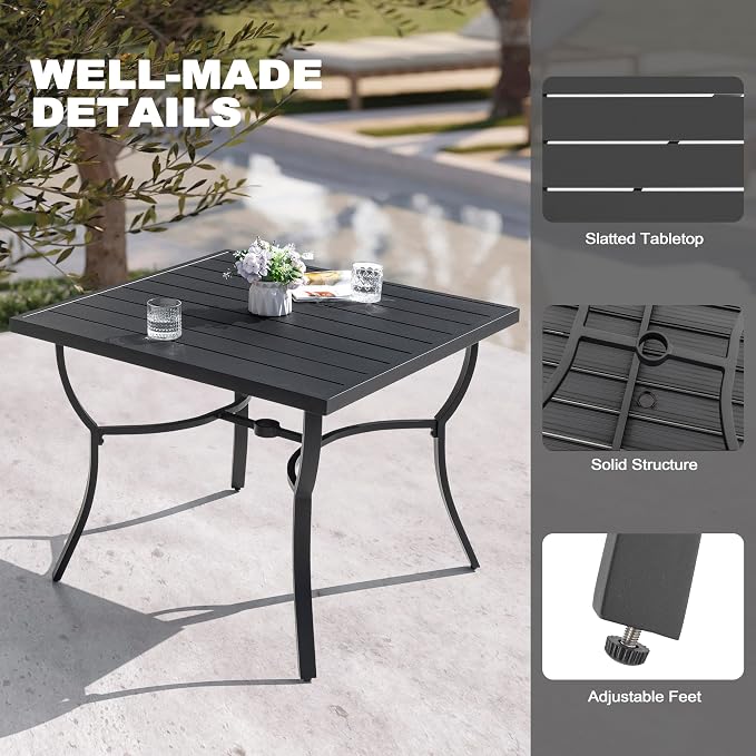 NUU GARDEN 5 Piece Outdoor Patio Dining Set, 36" Aluminum Patio Dining Square Table and 4 All Weather Textilene Patio Chairs with 1.97" Umbrella Hole for Backyard, Patio, Garden, Grey&Black