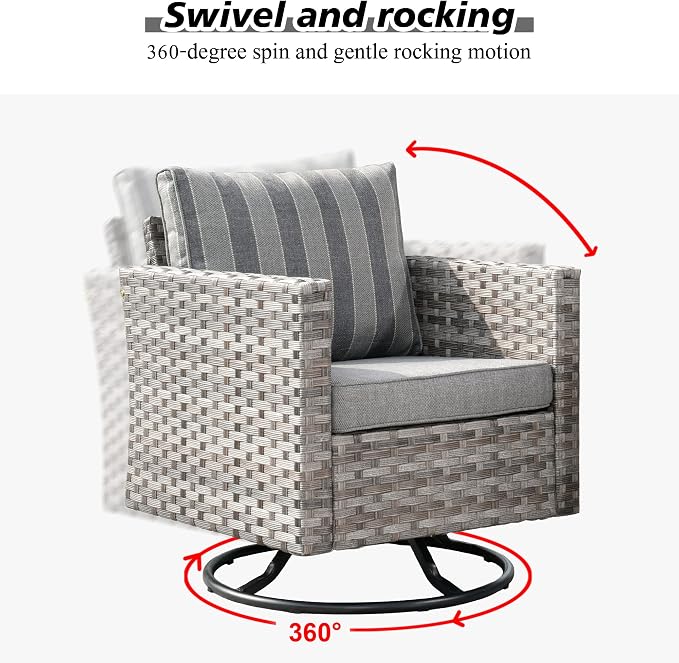 HOOOWOOO 10 Piece Modular Patio Outdoor Sectional Furniture Set with Gas Propane Fire Pit Table,Wicker Conversation Sofa Set with Swivel Chairs,Outside Couch Set(Grey Stripes)