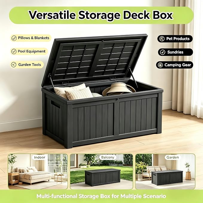 155 Gallon Outdoor Deck Storage Box, Large Waterproof Resin Patio Storage Box, Lockable Bench Seat Holds 2 Adults, for Garden Tools, Cushions & Pool Floats, UV & Rust Resistant, Black