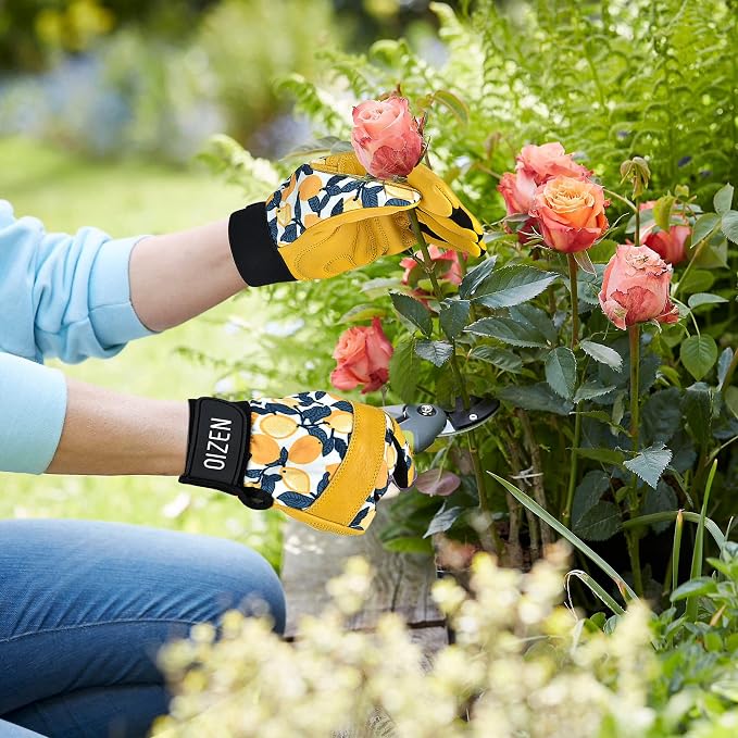 Cowhide Leather Thorn Proof & Puncture Resistant Gardening Gloves for Women and Men, Touchscreen Compatible Working Gloves for Weeding, Digging, Planting, Gardening Gifts for Women, Size Medium