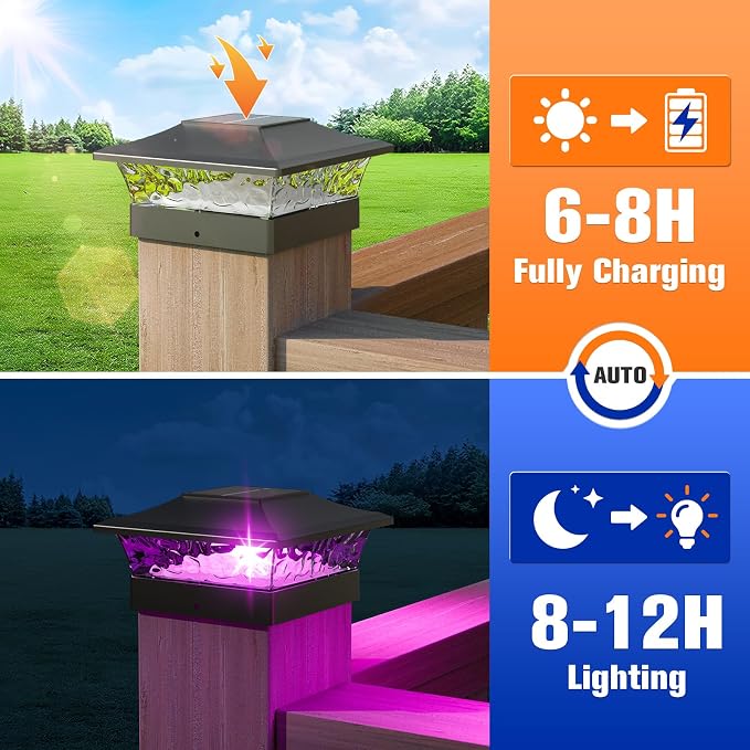 APONUO Solar Post Cap Lights with 8 RGB Solid Colors & Multicolor Flow - 6 Pack 6x6 Post Cap Solar Light, IP65 Waterproof - Fits 4x4 5x5 6x6 Wood & Vinyl Posts - Black