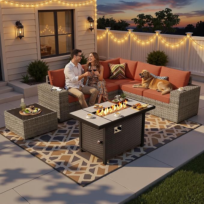 7-Piece Patio Furniture Set, Outdoor Wicker Rattan Patio Furniture Sectional Set with Coffee Table, All Weather Outdoor Fire Pit Conversation Set for Porch Backyard Balcony Garden, Orange-Red