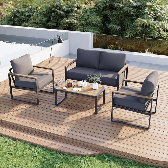 Aoxun 4 Piece Patio Furniture Set, Outdoor Patio Furniture with Thick Cushions, Modern Metal Outdoor Conversation Sets with Coffee Table for Porch, Balcony, Deck Dark Grey