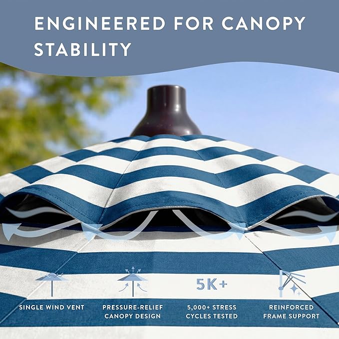 California Umbrella 12-Year Protection 9-Ft Outdoor Patio Umbrella, Sunbrella Fade-Resistant Fabric, Auto-Tilt, Heavy Duty Aluminum Frame, 8 Reinforced Ribs for Pool or Deck, Bronze Pole, Cabana Regatta