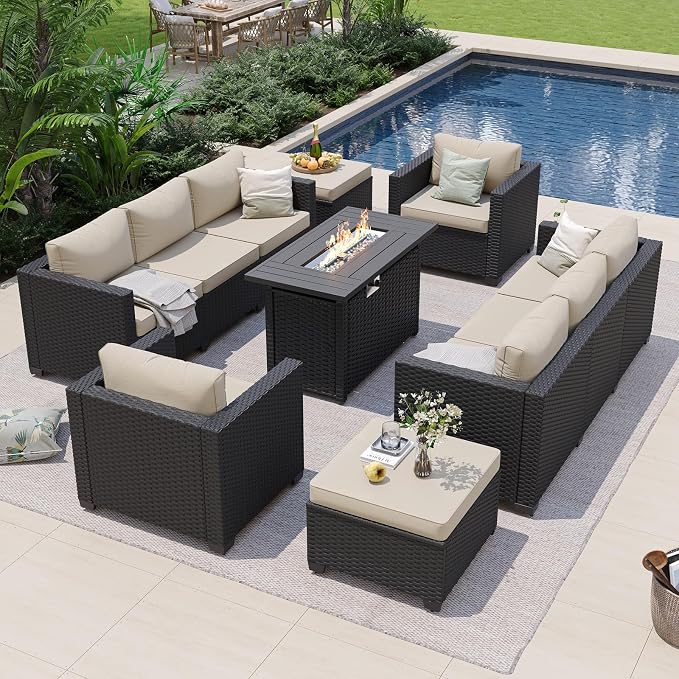Aoxun 7 Piece Patio Furniture Set with Fire Pit Table, 10 Seats Outdoor Furniture Set with Wicker Ottomans, Rattan Outdoor Sectional Sofa with Thickened Cushion & Waterproof Cover Beige