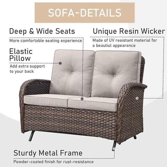 HUMMUH 5-Piece Patio Set with Glider Loveseat, Swivel Rockers and Fire Pit | 4 in cushions, PE wicker, powder-coated steel frames, 50,000 BTU gas fire pit, for backyard, poolside, and deck