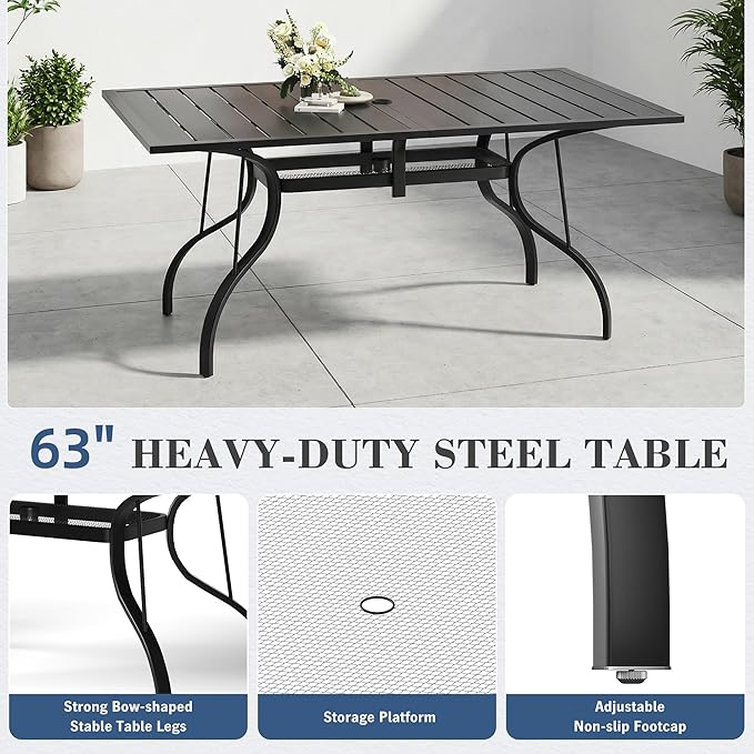 HOMREST 7 Piece Outdoor Patio Dining Set for 6, 63" Rectangular Metal Table with Umbrella Hole and Storage Shelf, Stackable Steel Chairs, Large Patio Furniture Set for Deck/Backyard/Poolside/Garden