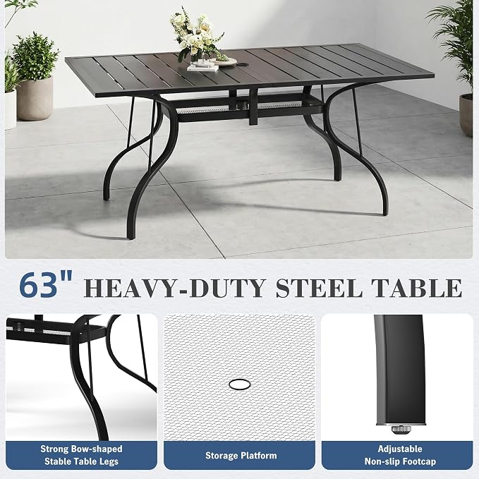 HOMREST 7 Piece Outdoor Patio Dining Set for 6, 63" Rectangular Metal Table with Umbrella Hole and Storage Shelf, Stackable Steel Chairs, Large Patio Furniture Set for Deck/Backyard/Poolside/Garden