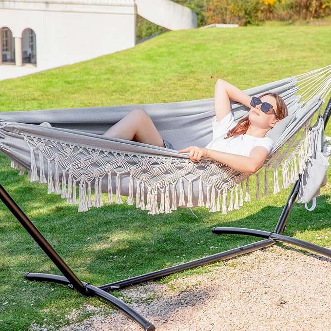 PNAEUT Handmade Tassel Hammocks, Double Hammock with Stand for Outside, Max 450 lbs Capacity, Pillow & Storage Bag Included (Grey)