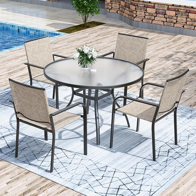 Anmutig 5-Piece Outdoor Patio Dining Set, 40-Inch Round Glass Table with 4 Stackable Chairs,Beige Grey