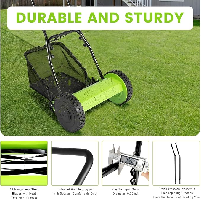 Push Reel Lawn Mower 12 Inch, 5 Blades Manual Push Mowerwith 23L Collection Bag, Adjustable Cutting Height, Walk-Behind Lawn Mowers for Green Lawns, Driveways, Courtyards